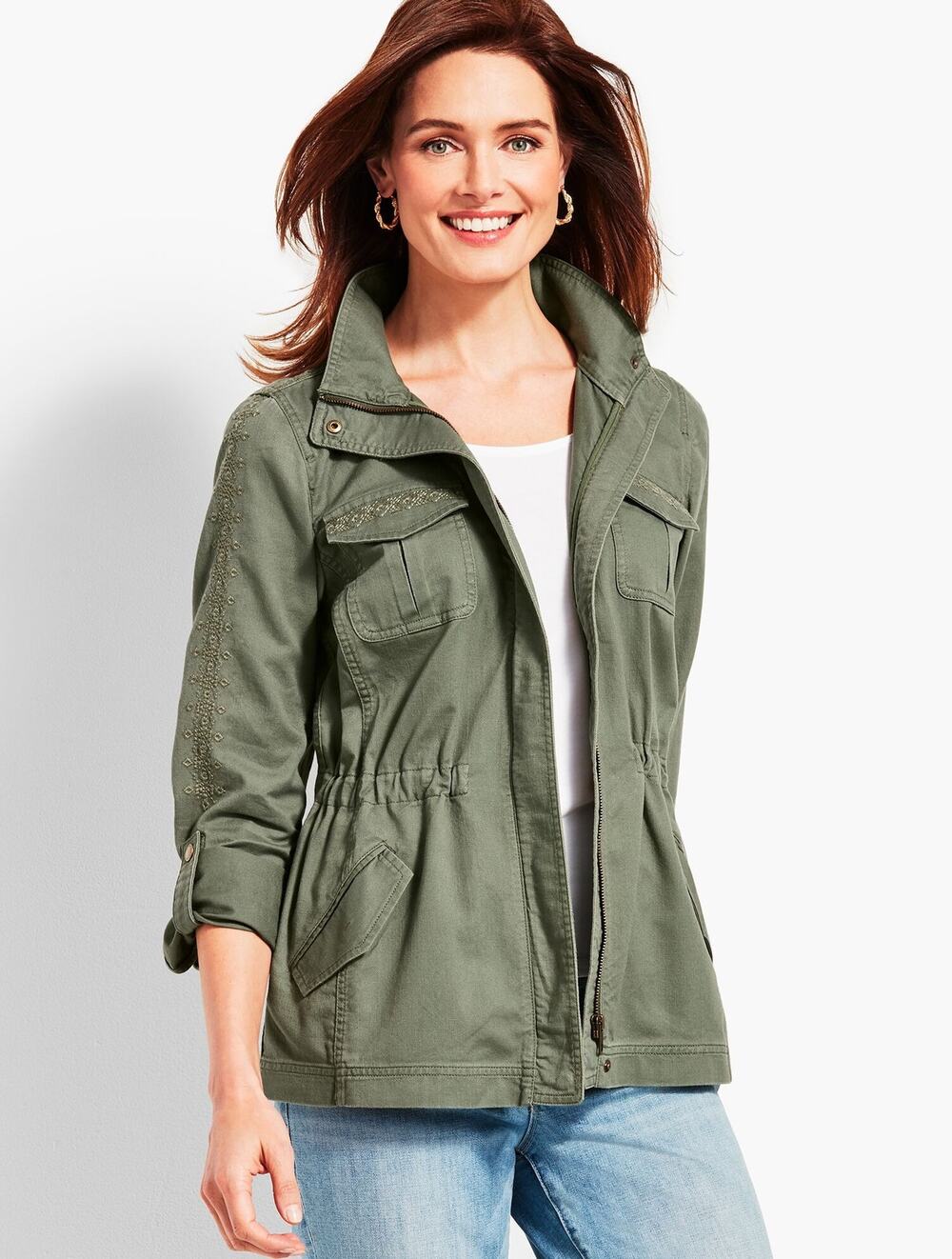 Talbots Jacket Green Collared Front Zip Pockets Embroidered Long Sleeve Sz S